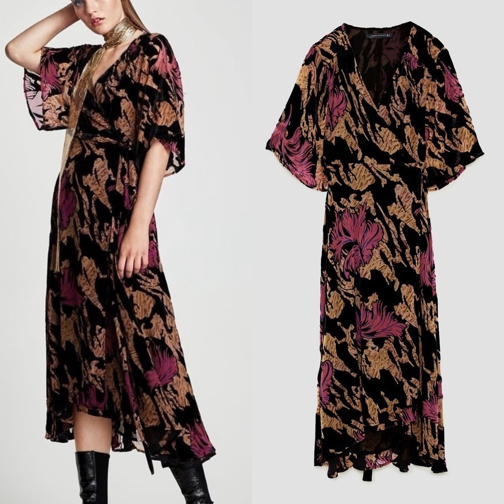 Zara Devore Velvet Burnout Wrap Dress Witchy Whimsigoth XS Black